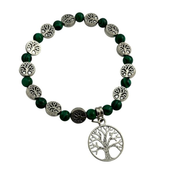 Tree of Life Bracelet Green Malachite Beads Silver Tone Stretch Boho Yoga Beaded - Picture 3 of 8